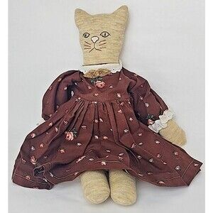 Vintage Cloth Rag Doll Cat Brown Dress Brioche Embroidered Face
